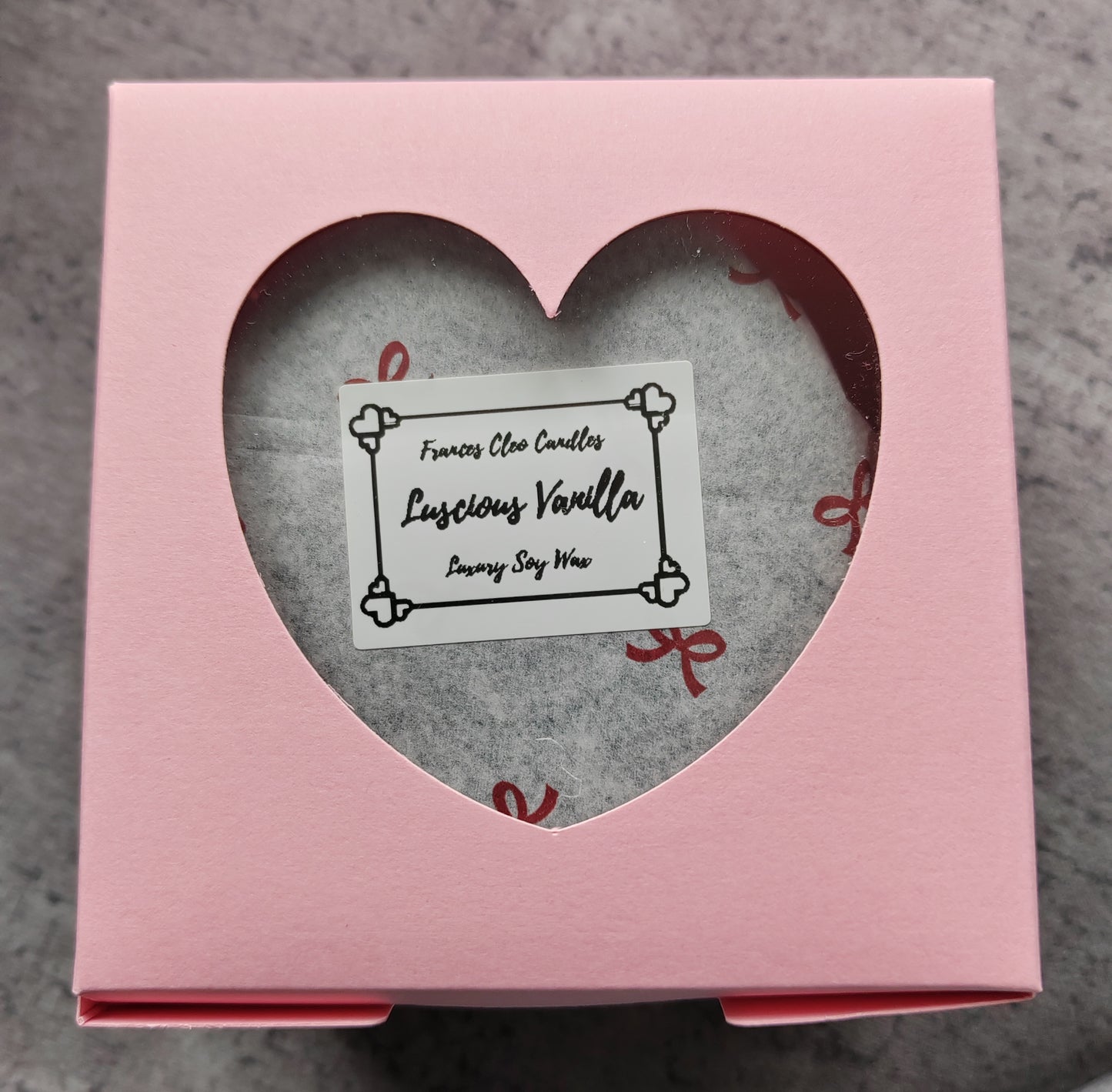 Luscious Vanilla Soy Wax Candle in pink sweetheart box