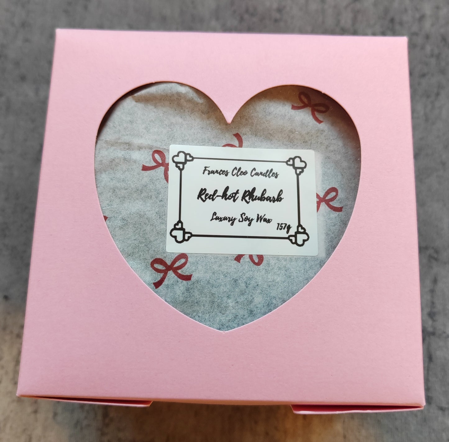 Red-hot Rhubarb Soy Wax Candle in pink sweetheart box