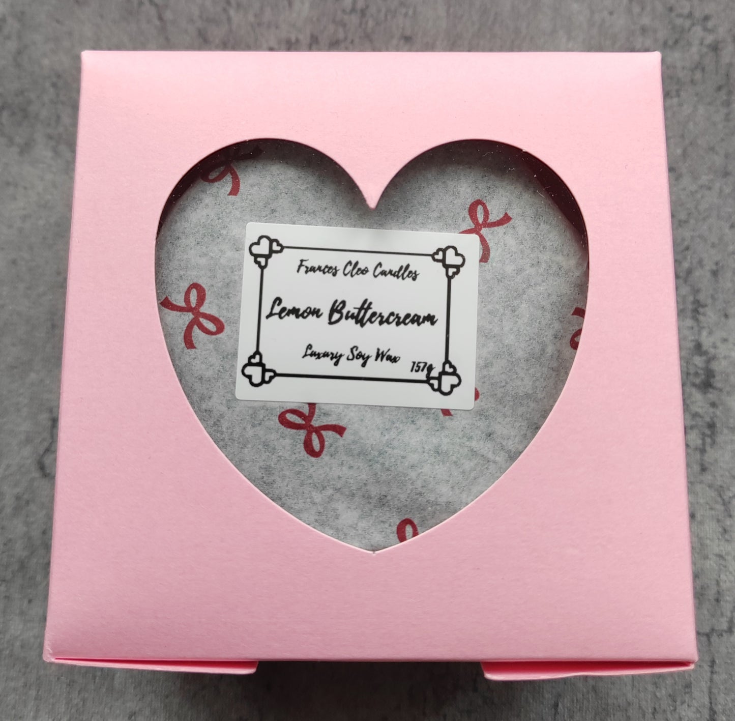 Lemon Buttercream Soy Wax Candle in pink sweetheart box