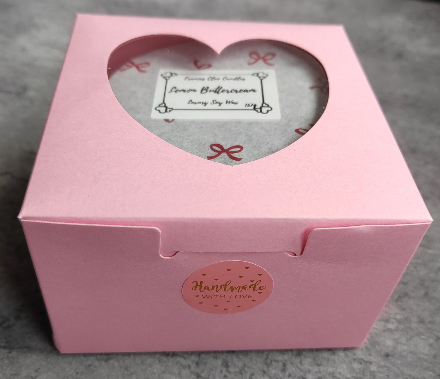 Lemon Buttercream Soy Wax Candle in pink sweetheart box