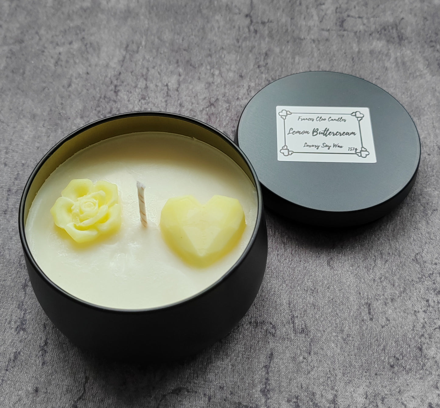 Lemon Buttercream Soy Wax Candle in pink sweetheart box