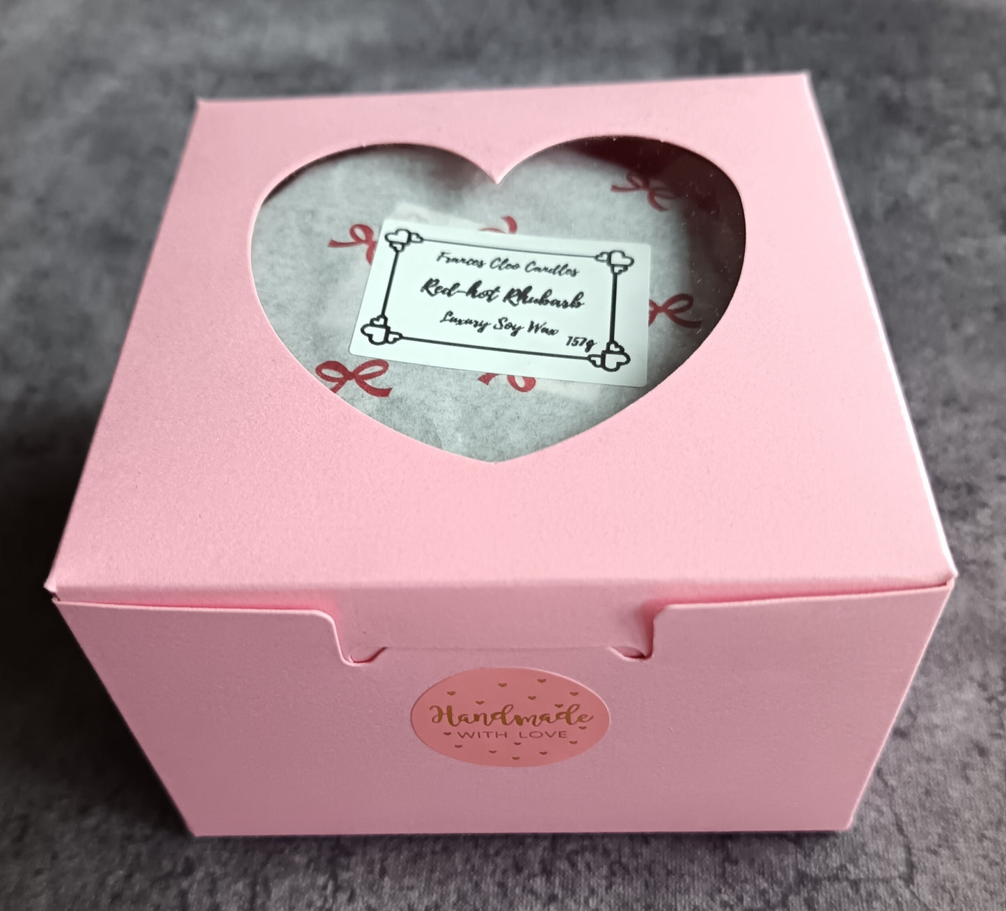 Red-hot Rhubarb Soy Wax Candle in pink sweetheart box